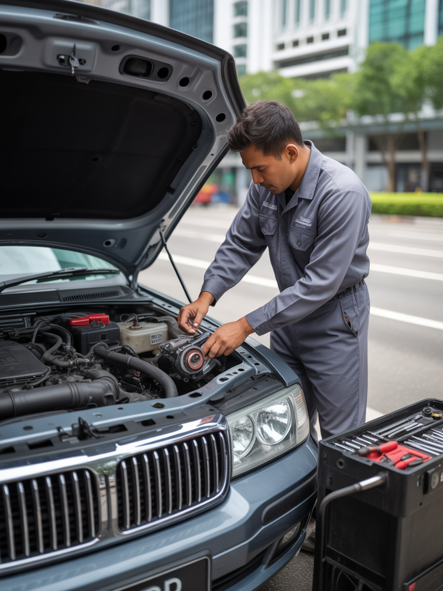 Mobile car mechanic working on vehicle in Wangsa Maju workshop